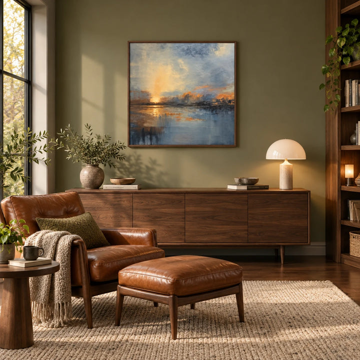 HP0519 abstract sunset landscape painting with dark walnut frame in a complete olive midcentury reading room