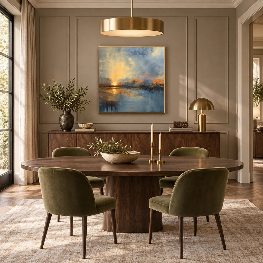 HP0519 abstract sunset landscape painting with brushed gold frame in a complete contemporary dining room