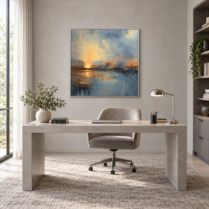 HP0519 abstract sunset landscape painting with silver frame in a complete contemporary home study