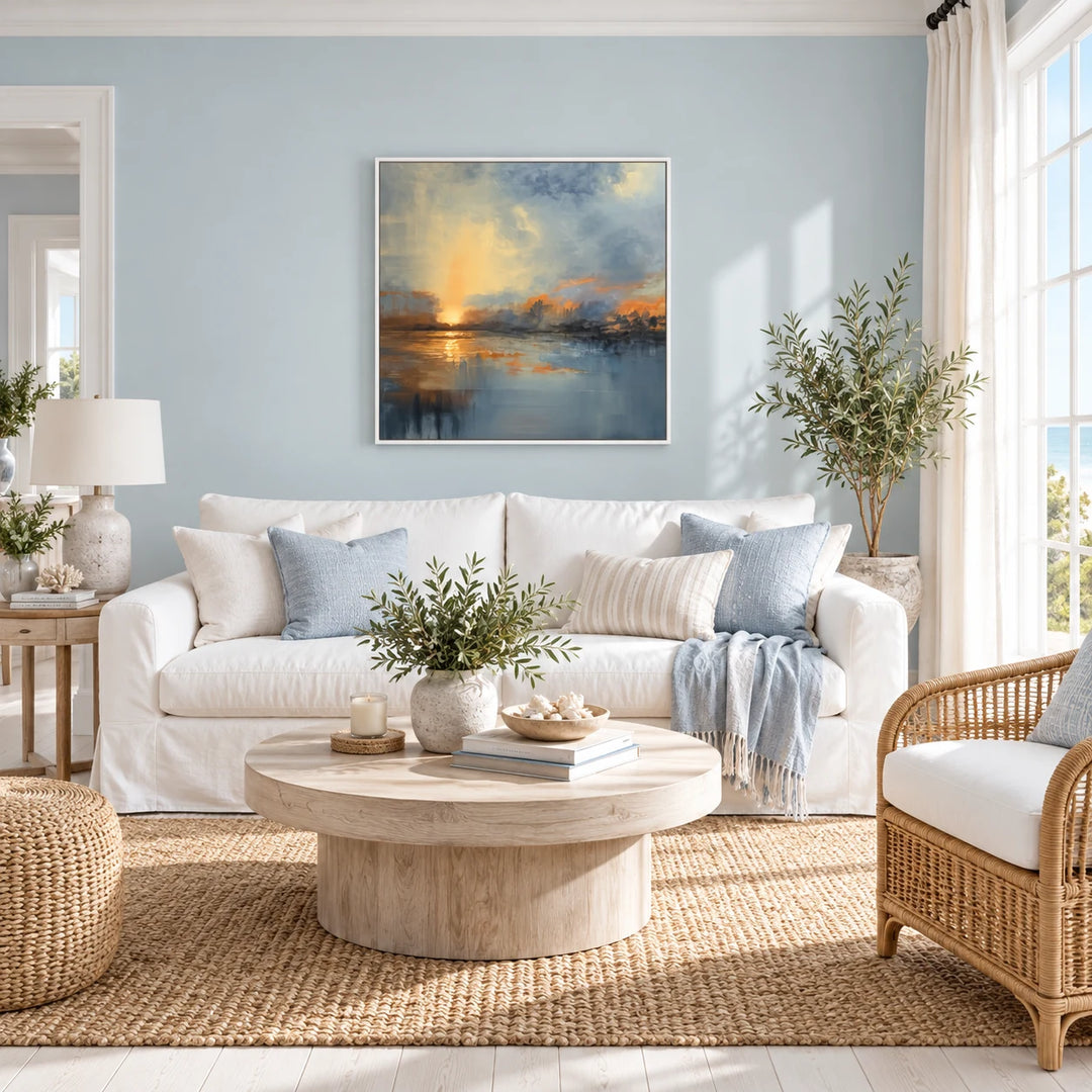 HP0519 abstract sunset landscape painting with white frame in a complete bright Scandinavian coastal sitting room