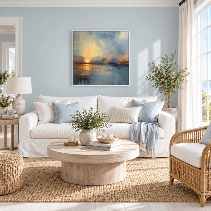 HP0519 abstract sunset landscape painting with white frame in a complete bright Scandinavian coastal sitting room