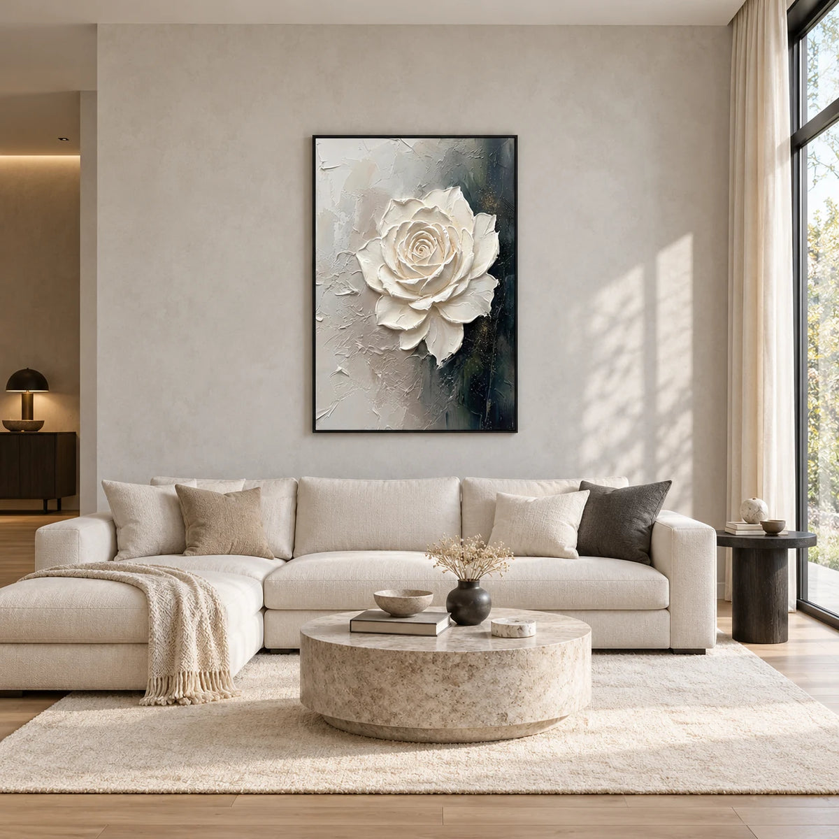 Same room with Hand-Painted 3D White Rose Floral Relief Oil Painting HP#2825 in Black Frame