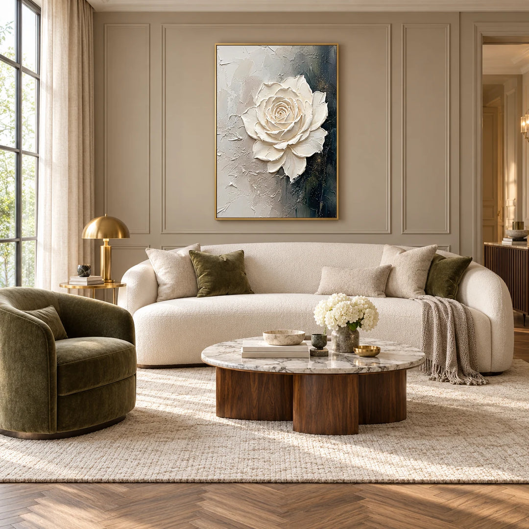 HP2825 white floral relief in gold frame, full styled home interior