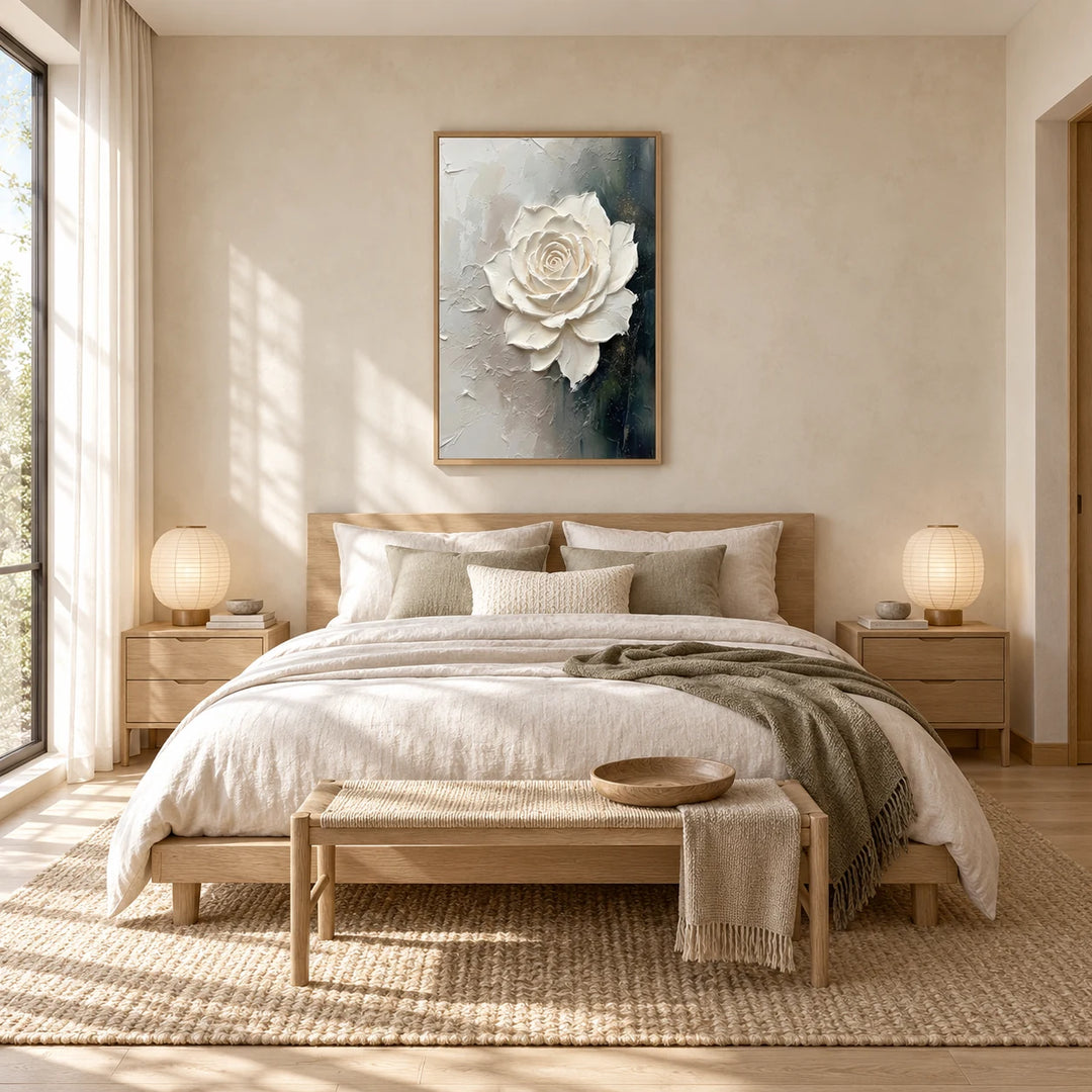 HP2825 white floral relief in wood frame, full styled home interior