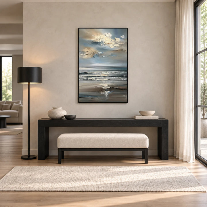 HP2833 vertical abstract textured seascape painting in black floating frame, complete coordinated home interior