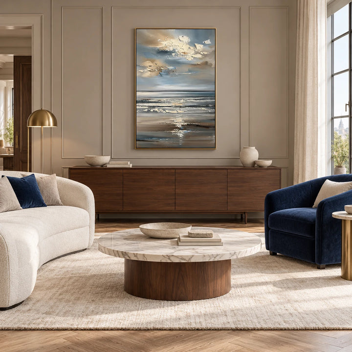 HP2833 vertical abstract textured seascape painting in gold floating frame, complete coordinated home interior