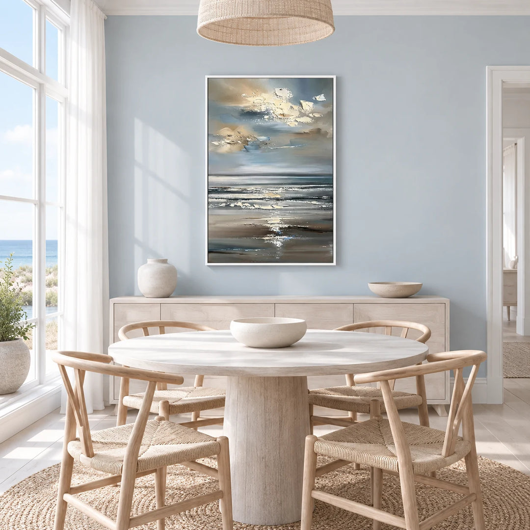 HP2833 vertical abstract textured seascape painting in white floating frame, complete coordinated home interior