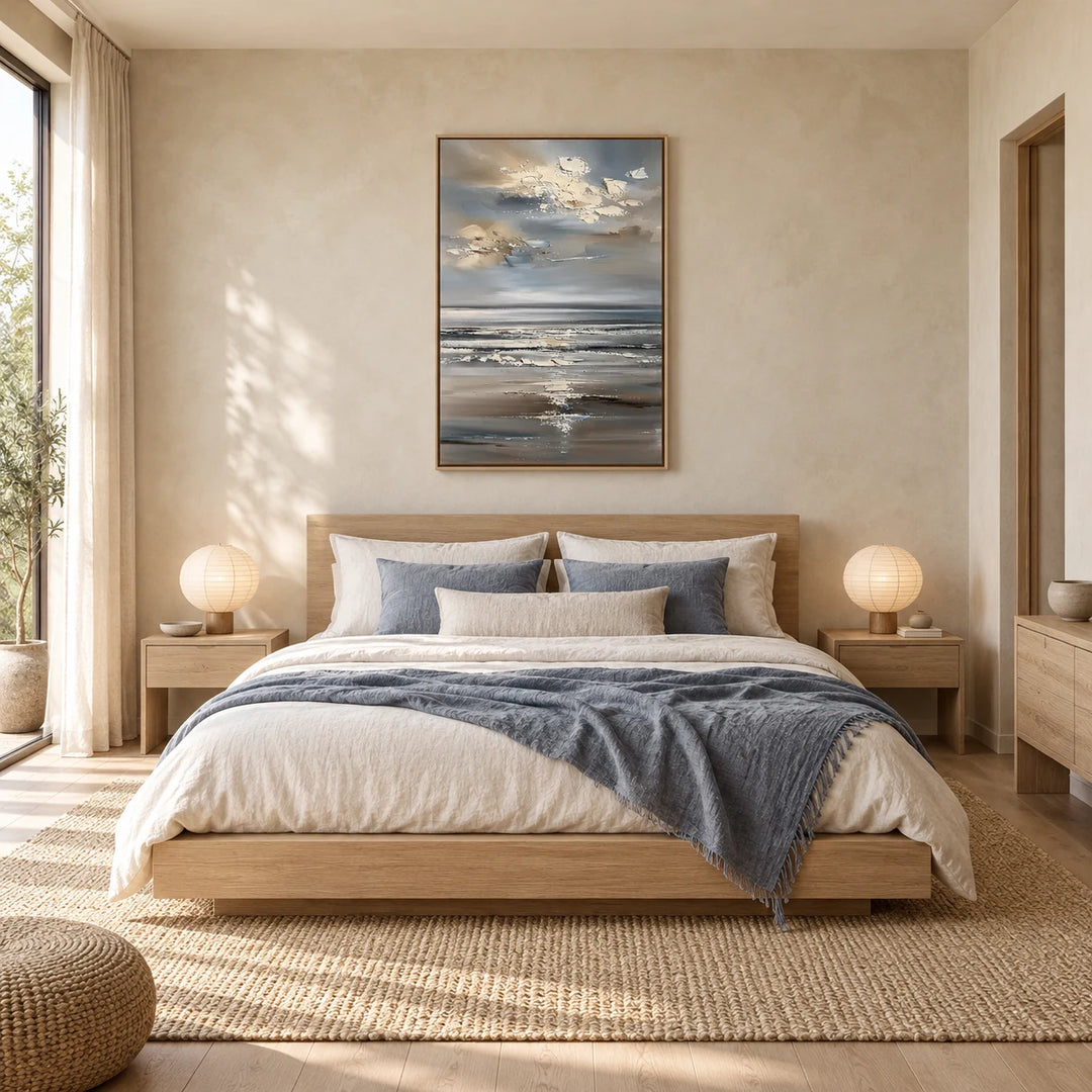 HP2833 vertical abstract textured seascape painting in wood floating frame, complete coordinated home interior