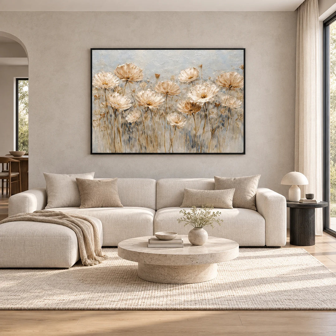 HP2840 antique floral meadow in black frame, full styled home interior