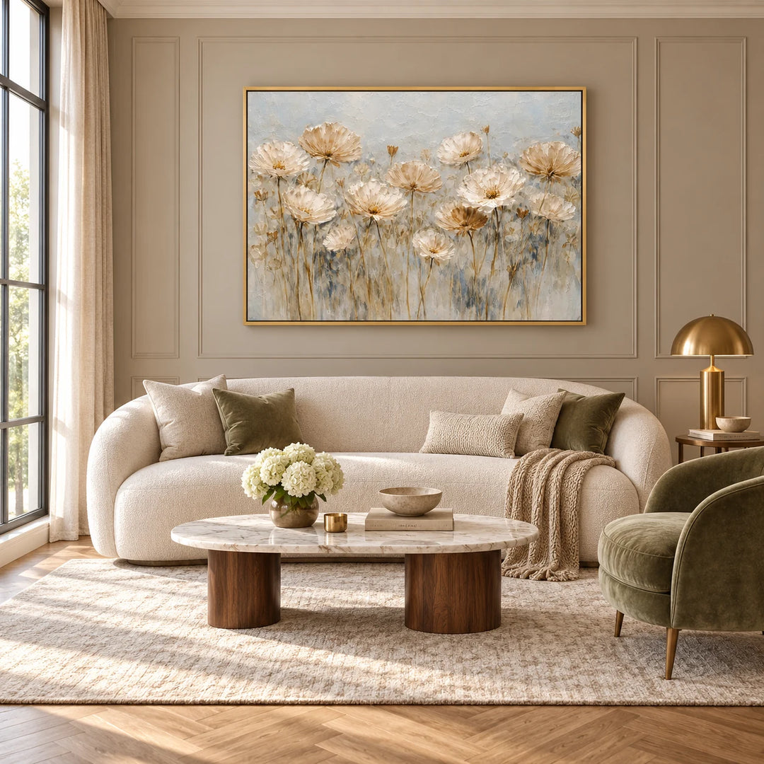 HP2840 antique floral meadow in gold frame, full styled home interior