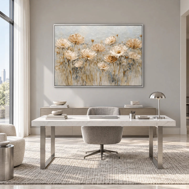 HP2840 antique floral meadow in silver frame, full styled home interior