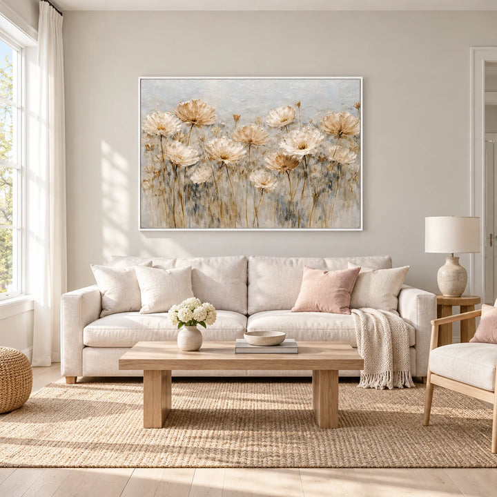 HP2840 antique floral meadow in white frame, full styled home interior