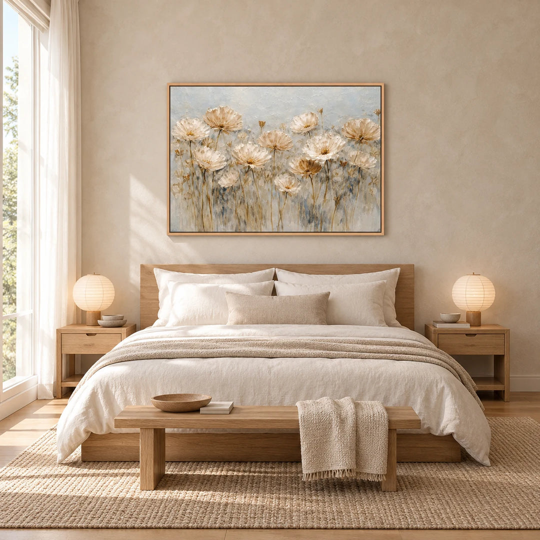 HP2840 antique floral meadow in wood frame, full styled home interior