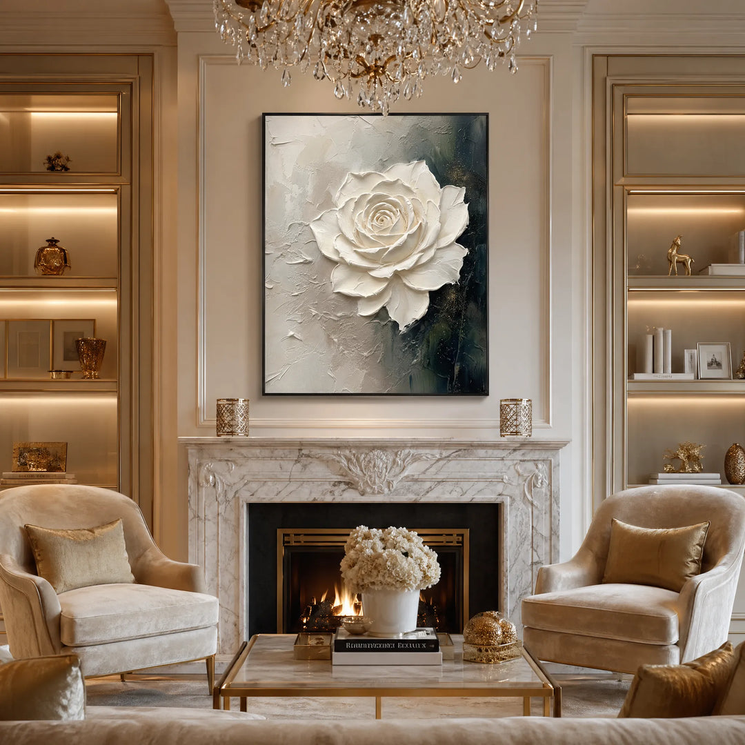 Hand-Painted 3D White Rose Floral Relief Oil Painting HP