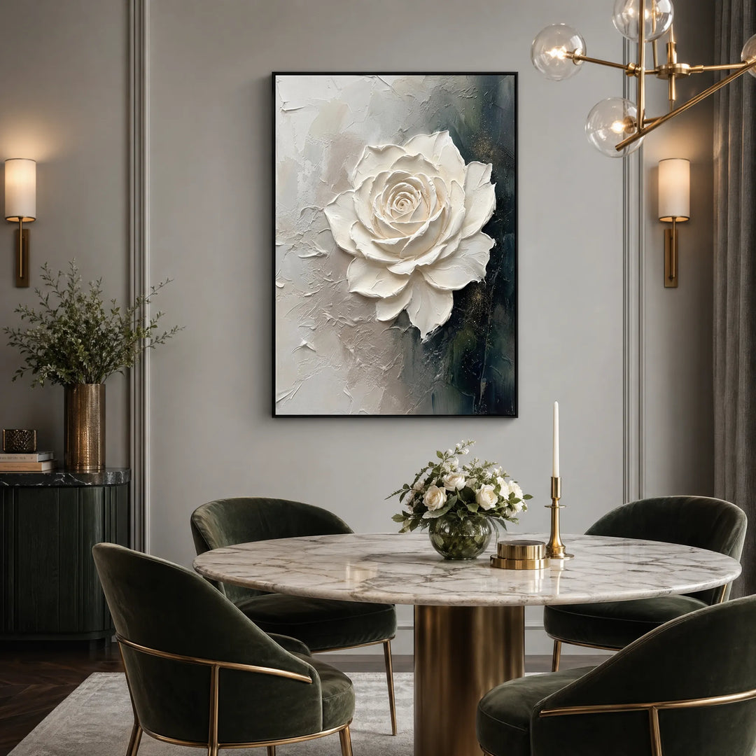 Hand-Painted 3D White Rose Floral Relief Oil Painting HP