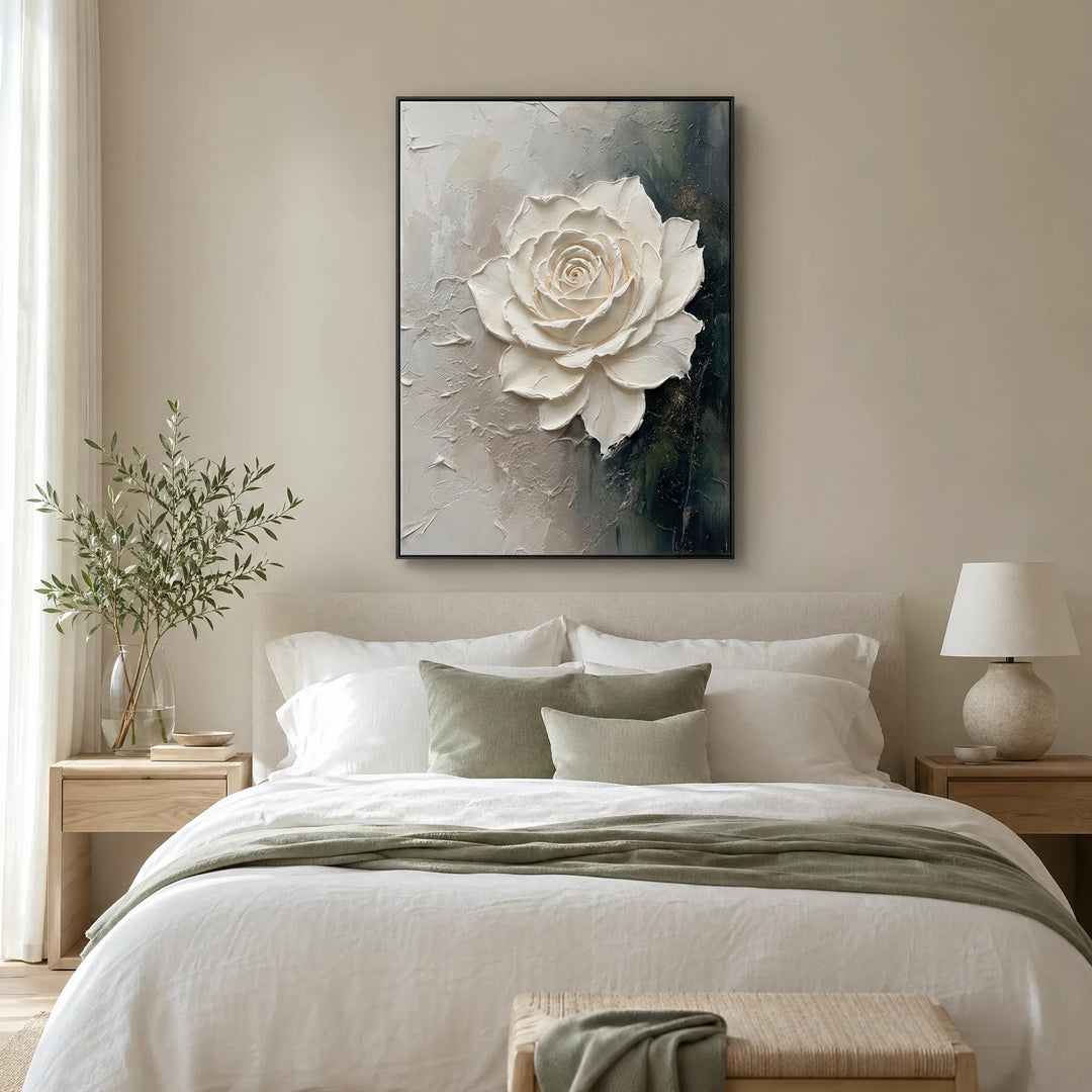 Hand-Painted 3D White Rose Floral Relief Oil Painting HP