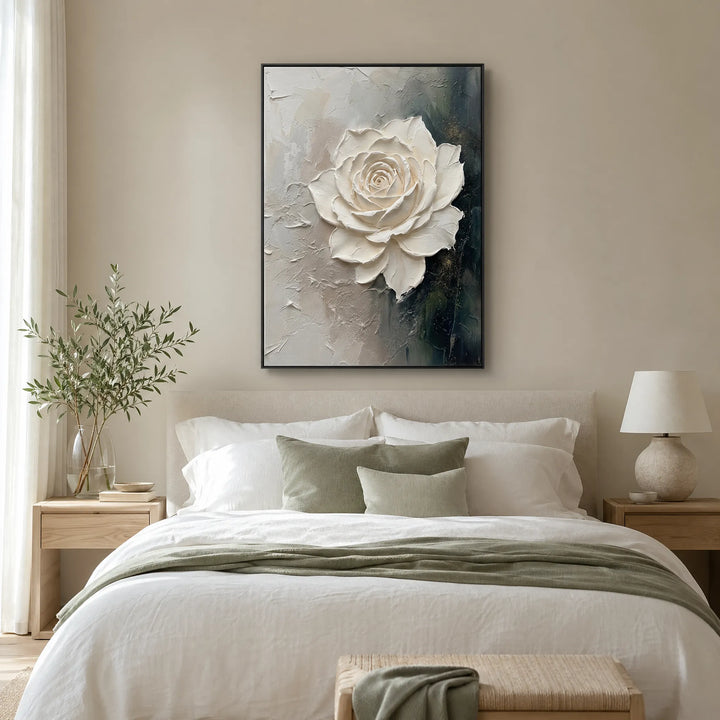 Hand-Painted 3D White Rose Floral Relief Oil Painting HP