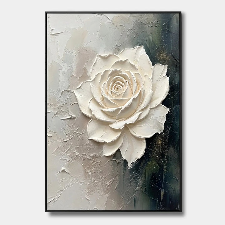 Hand-Painted 3D White Rose Floral Relief Oil Painting HP