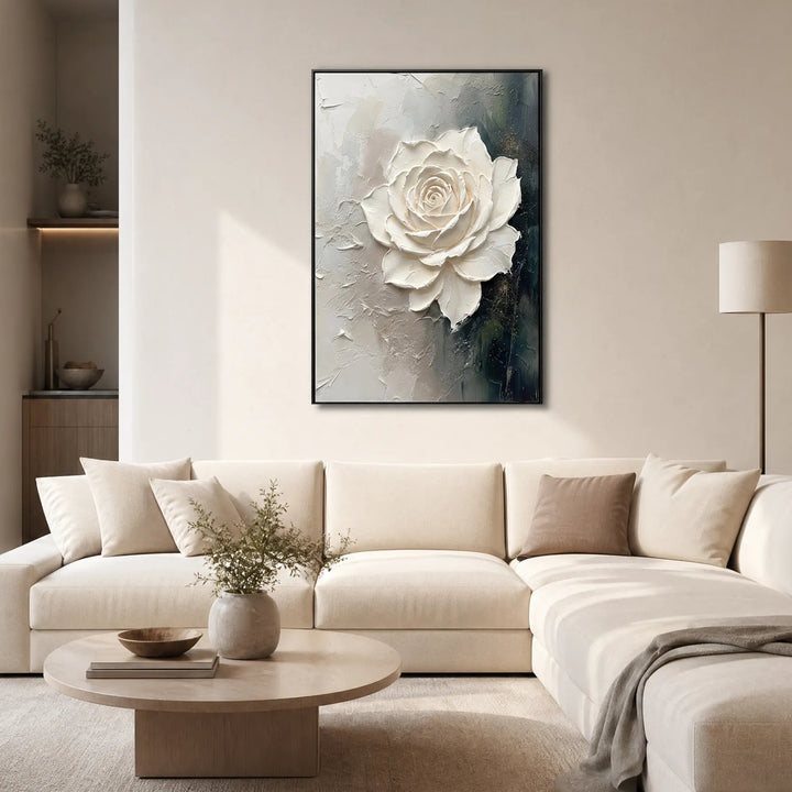 Hand-Painted 3D White Rose Floral Relief Oil Painting HP