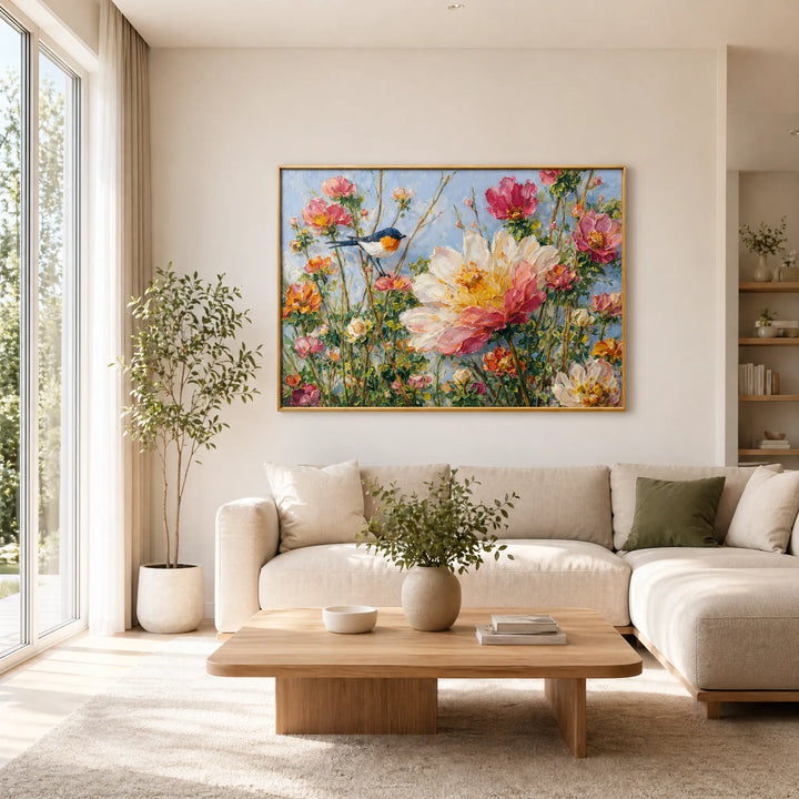 Hand-Painted Impasto Bird and Flower Floral Oil Painting HP