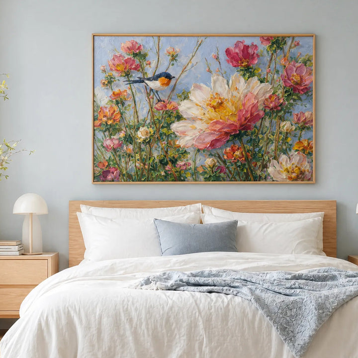 Hand-Painted Impasto Bird and Flower Floral Oil Painting HP