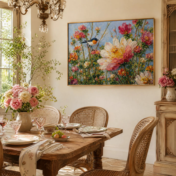 Hand-Painted Impasto Bird and Flower Floral Oil Painting HP