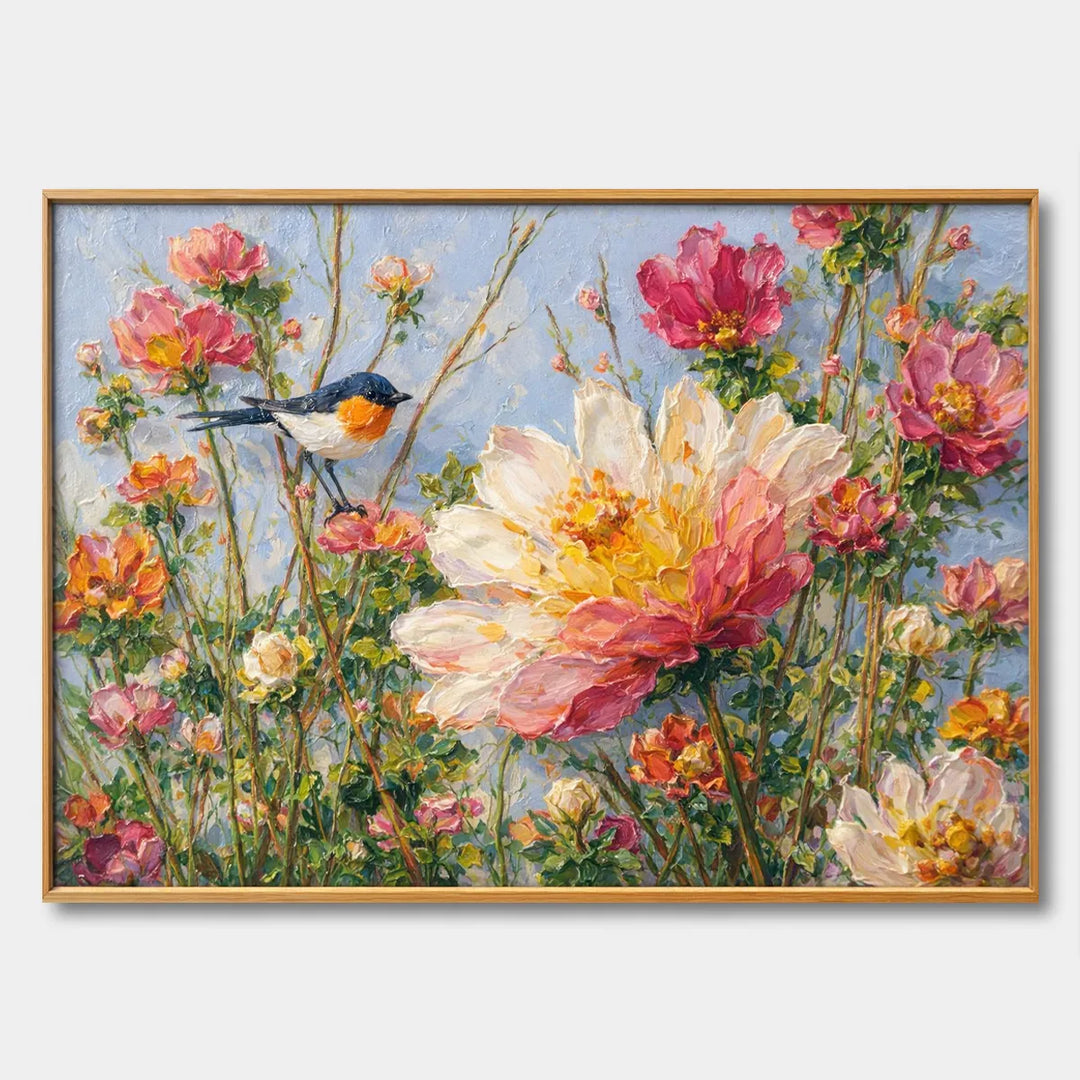 Hand-Painted Impasto Bird and Flower Floral Oil Painting HP