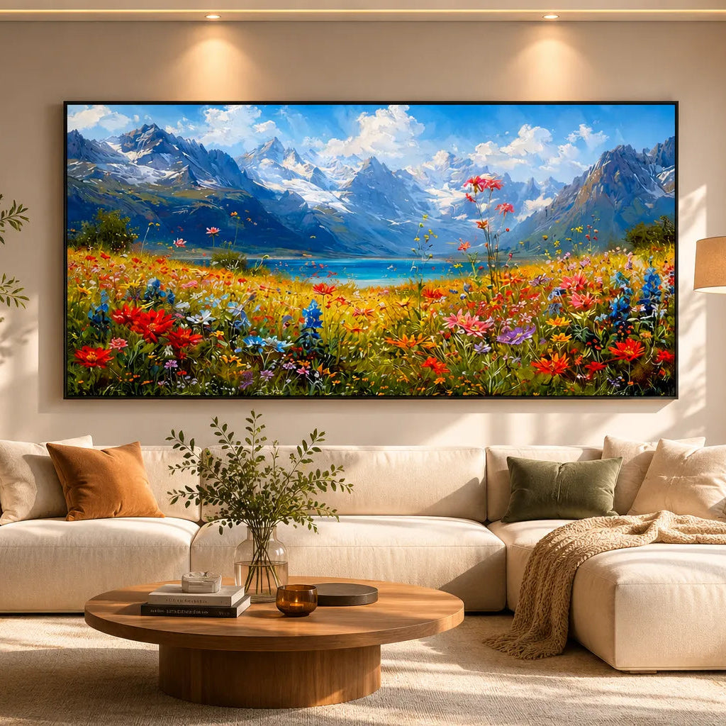 Hand Painted Alpine Meadow Oil Painting for Dining Room AA
