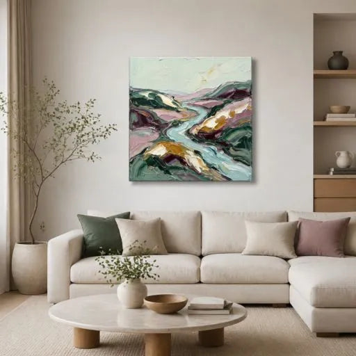 Impasto River Sage Green Abstract Oil Painting HP