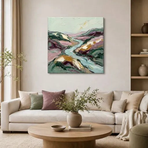 Impasto River Sage Green Abstract Oil Painting HP