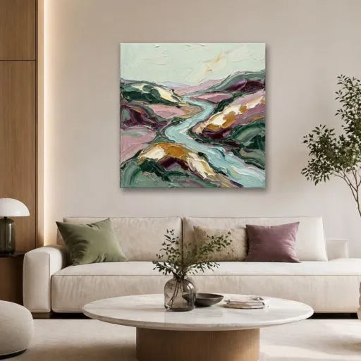 Impasto River Sage Green Abstract Oil Painting HP