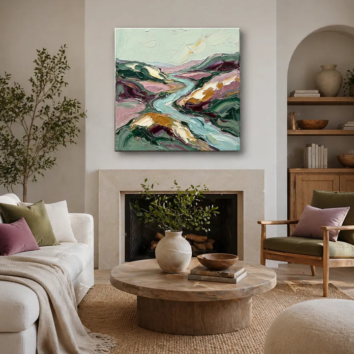 Impasto River Sage Green Abstract Oil Painting HP
