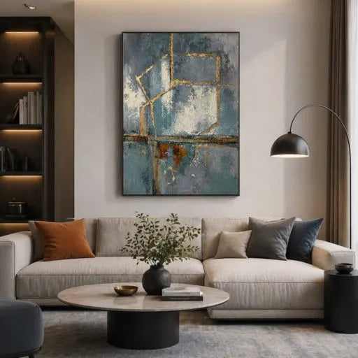 Industrial Abstract Gold Leaf Geometric Oil Painting HP