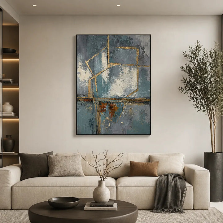 Industrial Abstract Gold Leaf Geometric Oil Painting HP