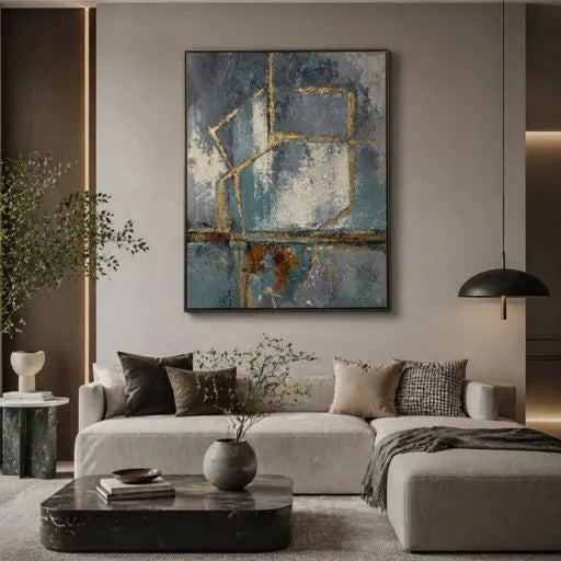 Industrial Abstract Gold Leaf Geometric Oil Painting HP
