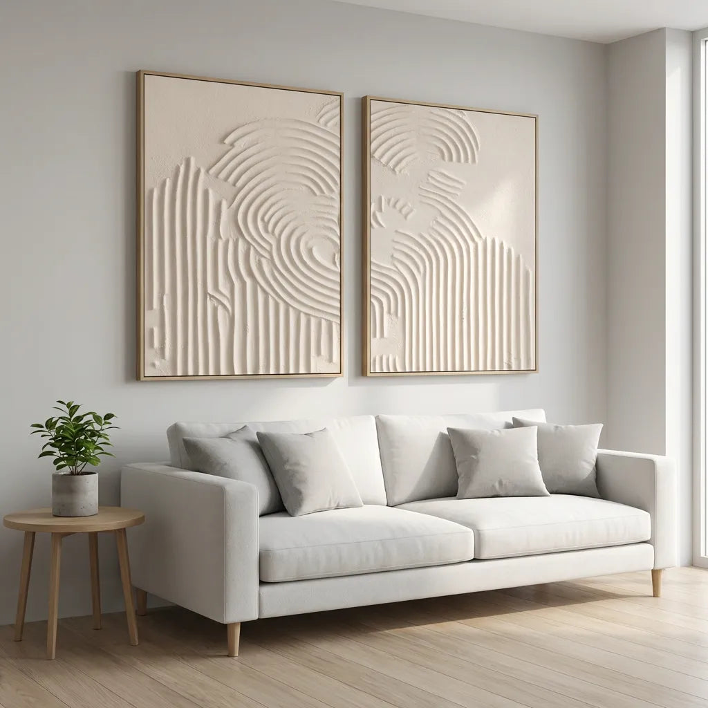 Ivory Grooved Relief Textured Diptych TA