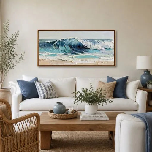 Large Panoramic Ocean Wave Impasto Oil Painting HP