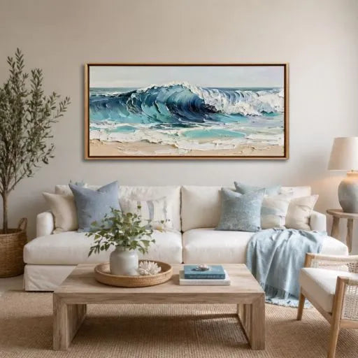 Large Panoramic Ocean Wave Impasto Oil Painting HP