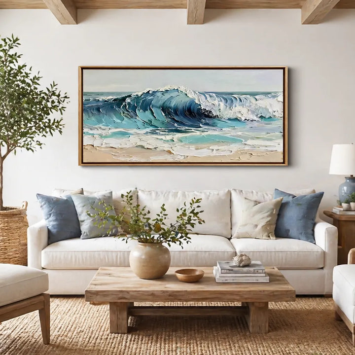 Large Panoramic Ocean Wave Impasto Oil Painting HP