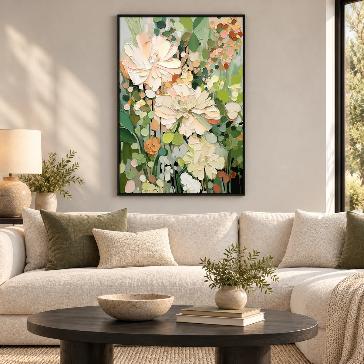 Cream Green Impasto Floral Painting MT#2603 — Existing room preview room preview