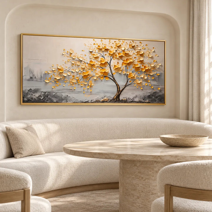 MT2605 gold frame with cream, linen and natural oak furnishings in a unique room
