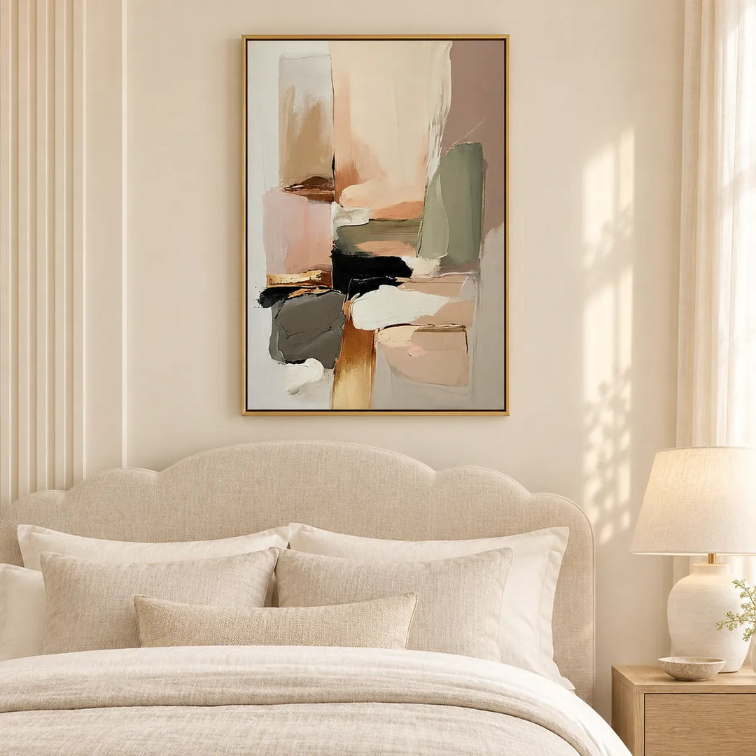 MT2608 gold frame in individually designed cream linen and natural wood room