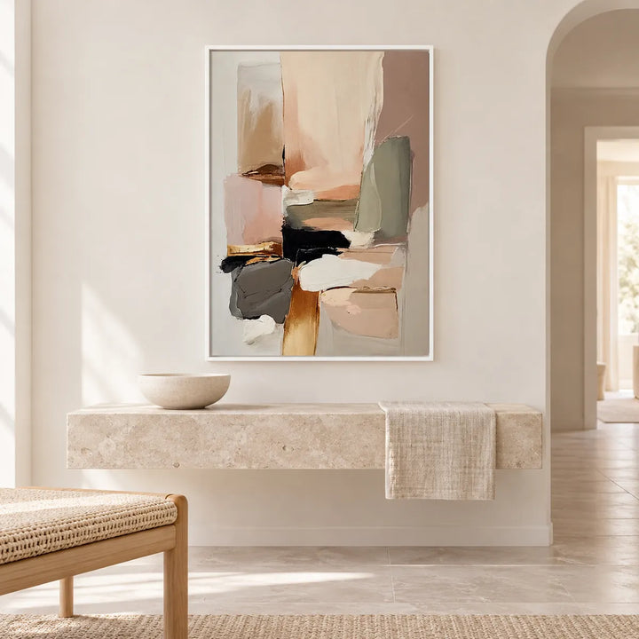 MT2608 white frame in individually designed cream linen and natural wood room