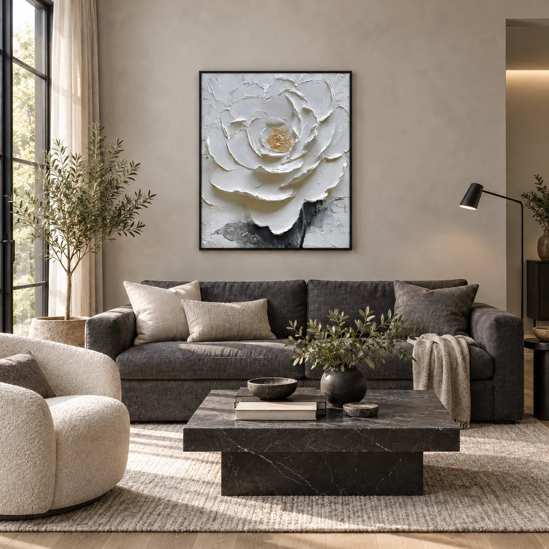 MT2611 Sculpted White Floral Painting in black frame, full styled home interior