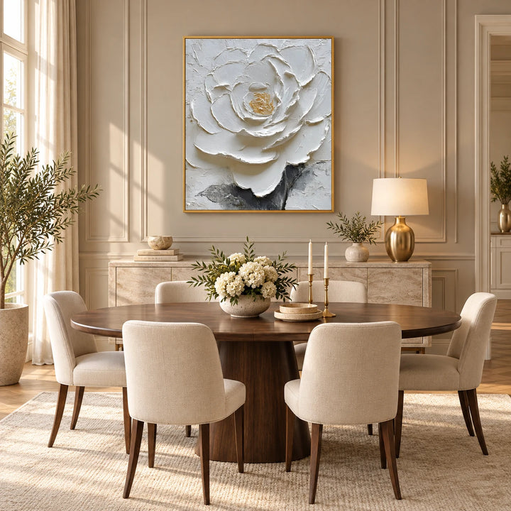 MT2611 Sculpted White Floral Painting in gold frame, full styled home interior