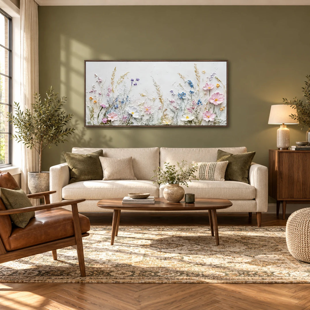 MT2614 Soft Pastel Floral Painting in dark wood frame, full styled home interior