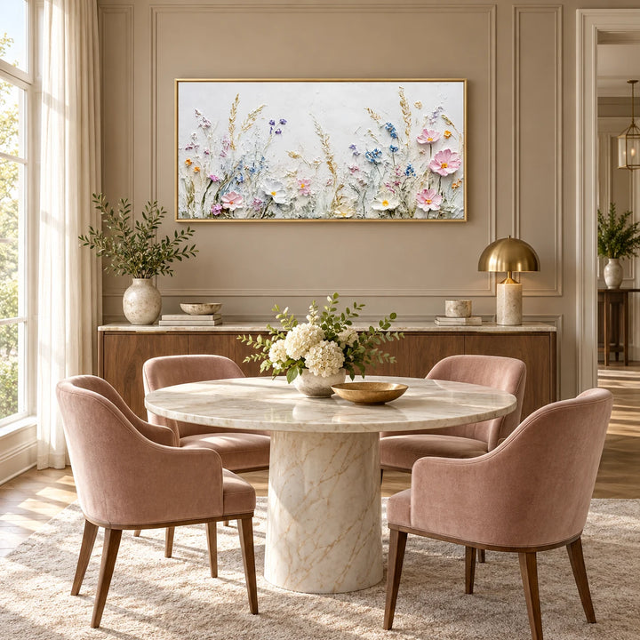MT2614 Soft Pastel Floral Painting in gold frame, full styled home interior