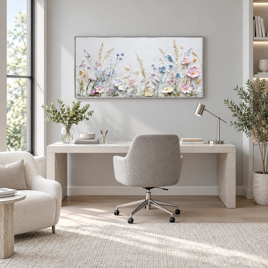 MT2614 Soft Pastel Floral Painting in silver frame, full styled home interior