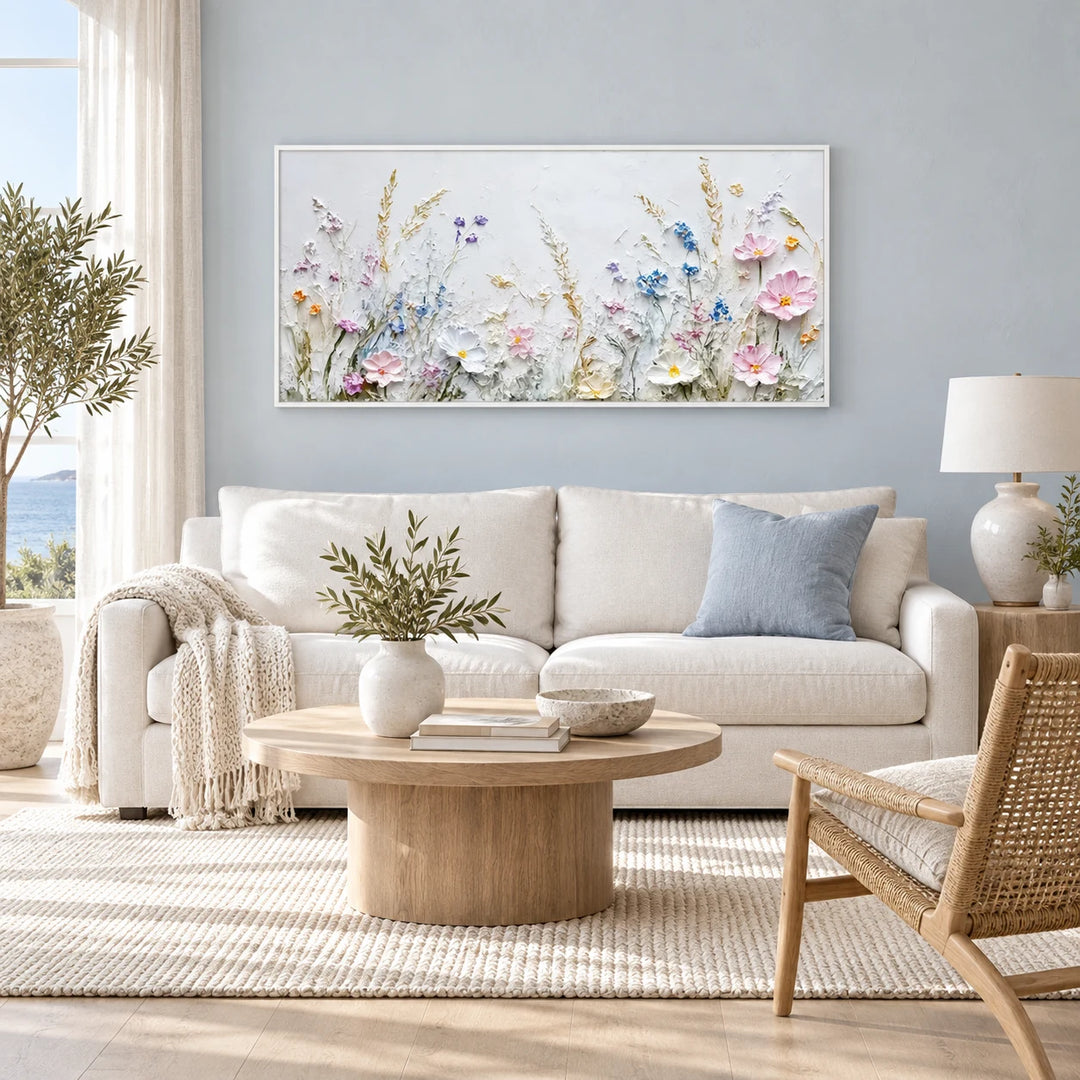 MT2614 Soft Pastel Floral Painting in white frame, full styled home interior
