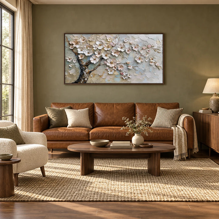 MT2615 textured artwork in dark wood frame, full styled home interior